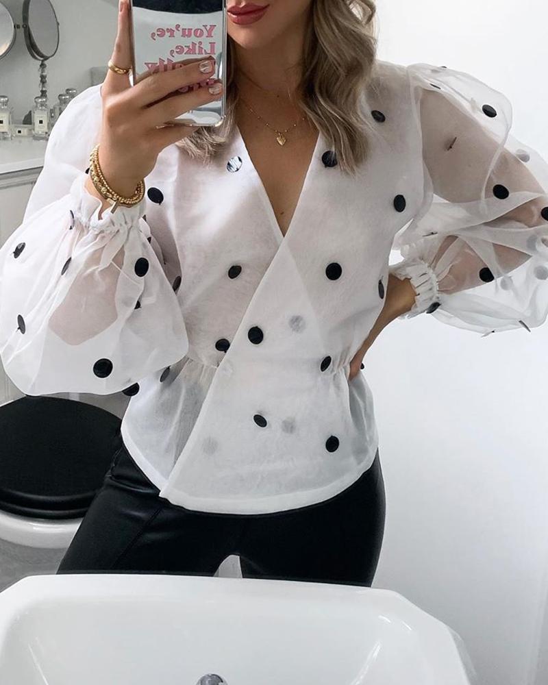 

Dot Puff Sleeve See Through Blouse, White