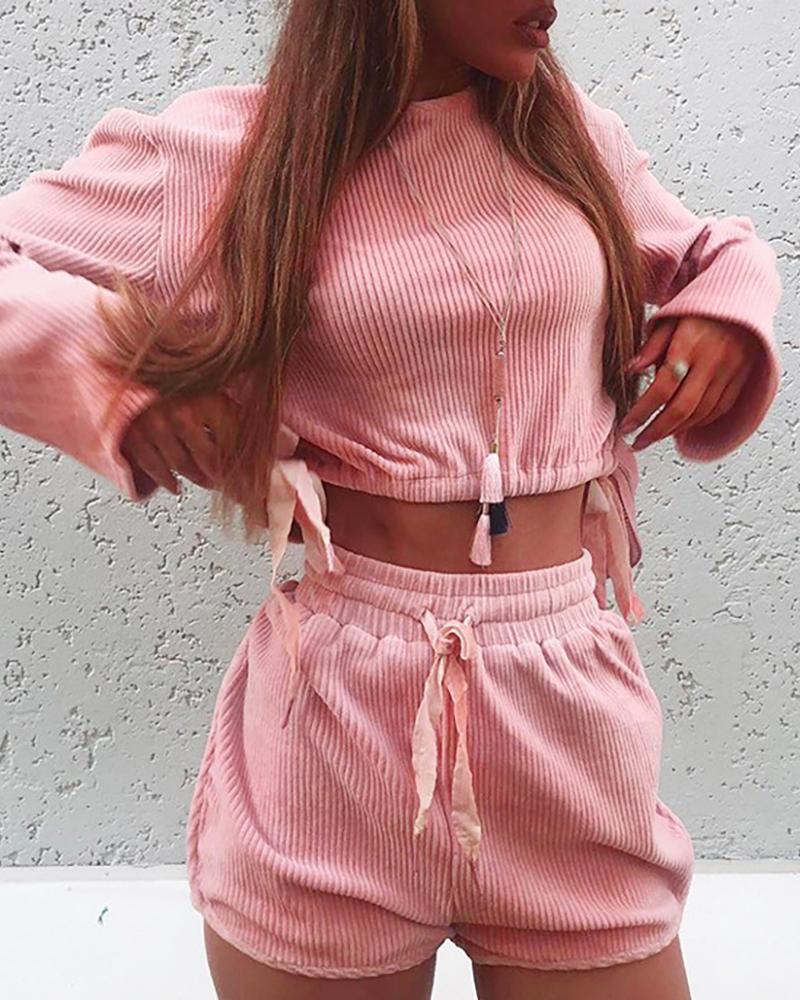 

Solid Drawstring Design Crop Top & Casual Short Sets, Pink