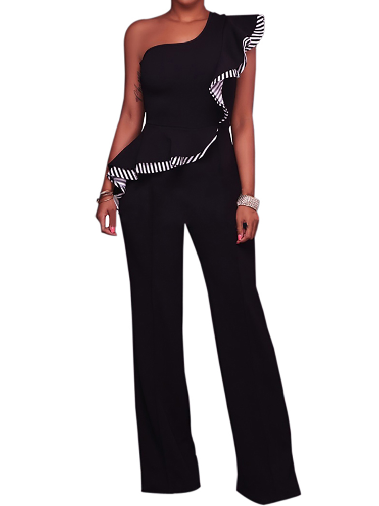 

Stylish Ruffled Skew Neck Striped Wide Leg Jumpsuit, Yellow