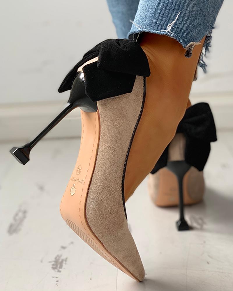 

Suede Pointed Toe Bowknot Back Thin Heels, Khaki