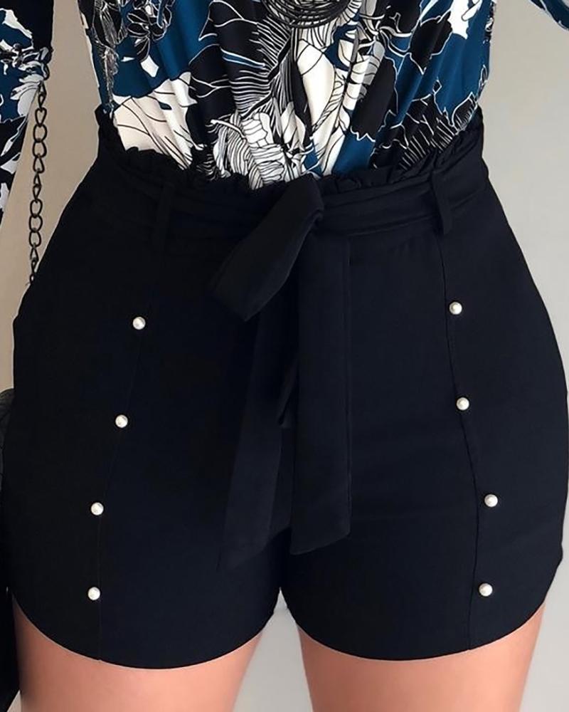 

Beaded Paperbag Waist Casual Shorts, Black
