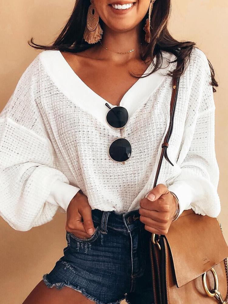 

Solid V Neck Long Sleeve Loose Sweater