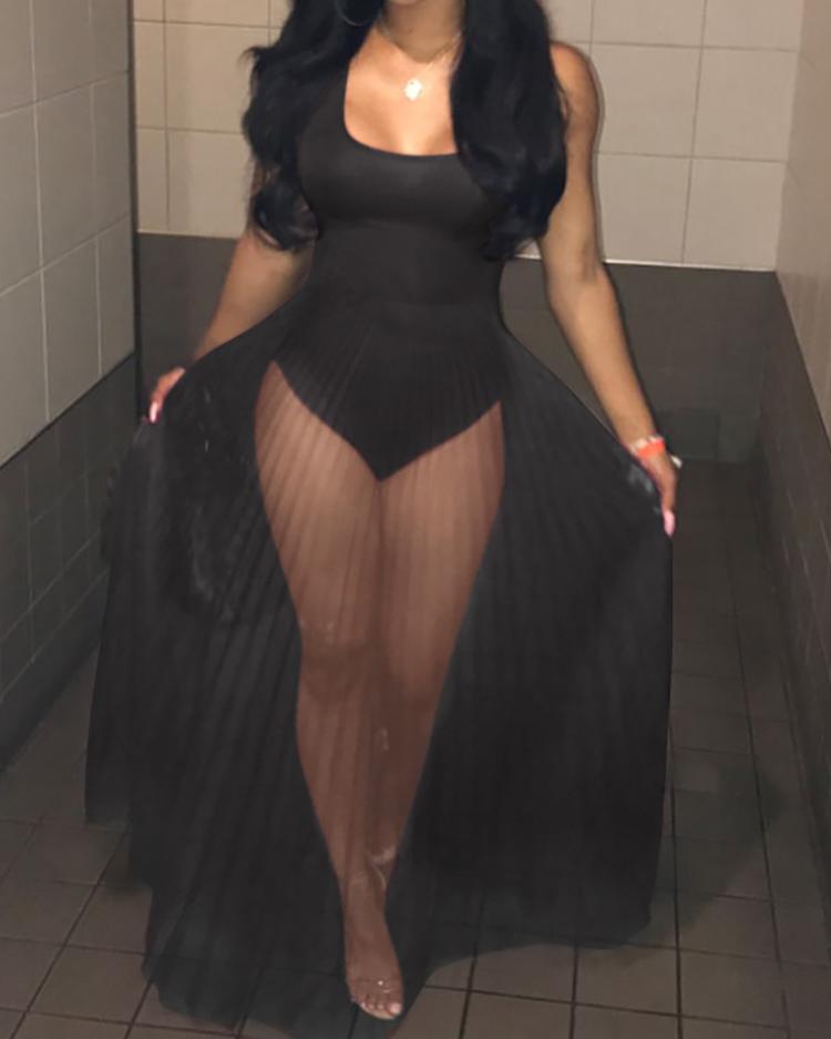 

Solid See Through Maxi Romper Dress, Wine red;black;dark blue