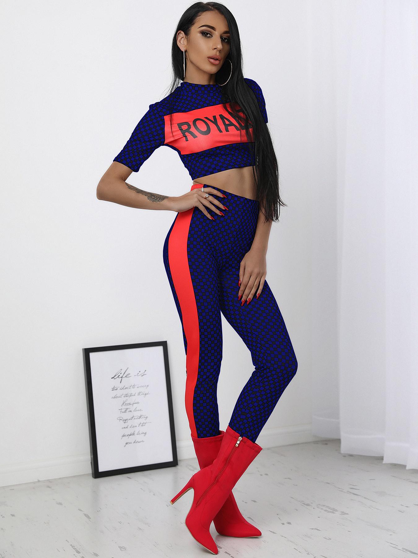 

Skinny Print Cropped Casual Top&Pant Sets, Dark blue