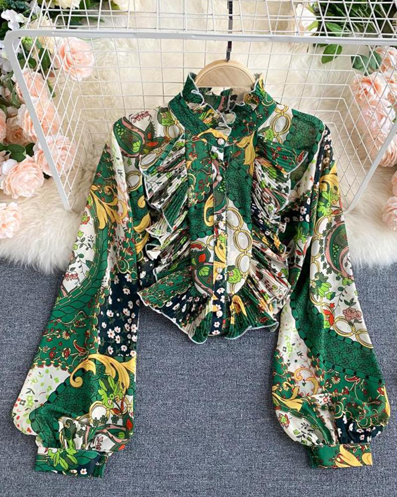 

All Over Print Long Sleeve Ruffle Hem Pleated Blouse, Green