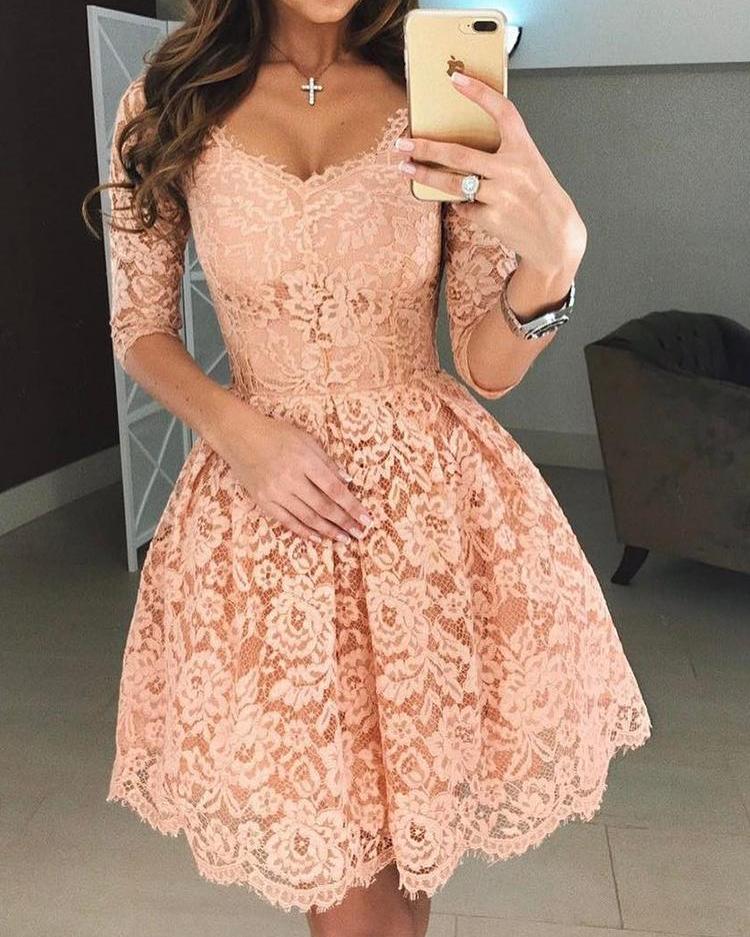 

Stylish Applique Lace Pleated Dress, Pink