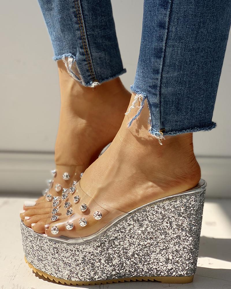 

Transparent Rivet Detail Platform Wedge Sandals, Silver