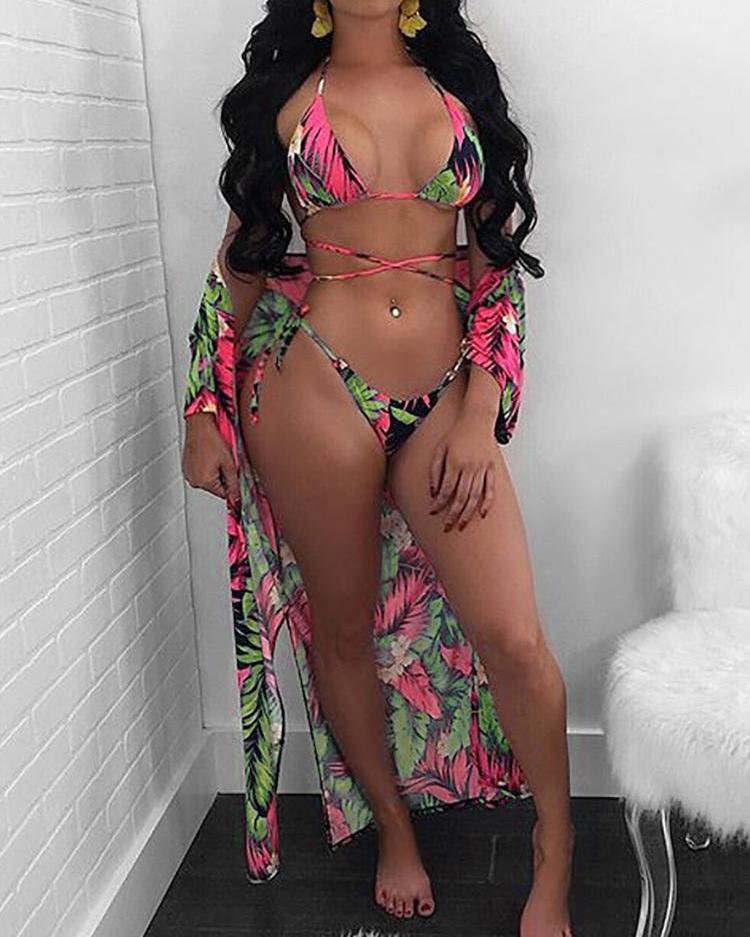 

3Pcs Print Crisscross Bikini&Cover Ups Swimsuit Set, Light green