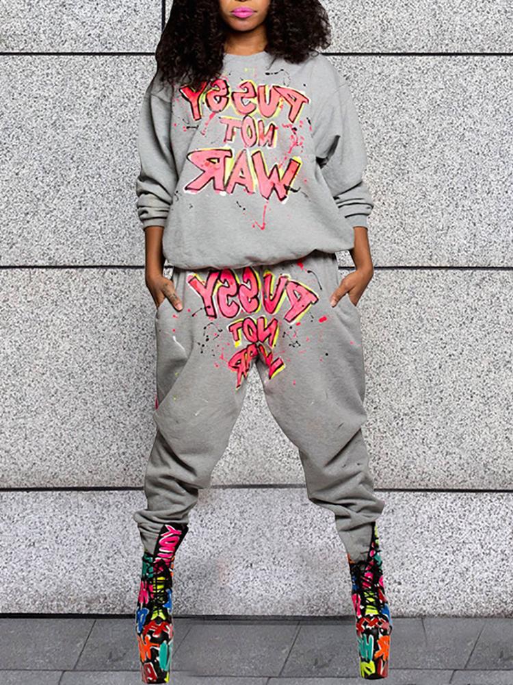 

Letter Print Pullover Casual Sweatshirt & Pant Sets