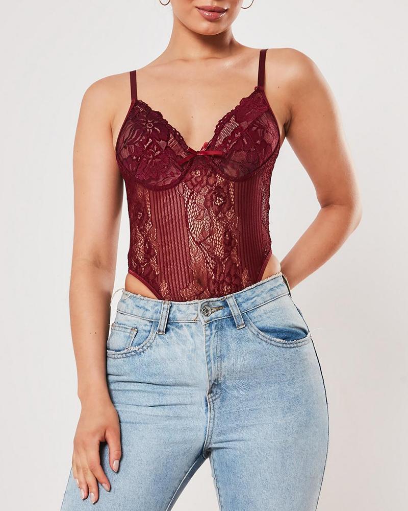 

Crcohet Lace Hollow Out Backless Teddy, Wine red