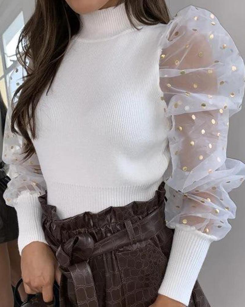 

High Neck Mesh Sleeve Top, White