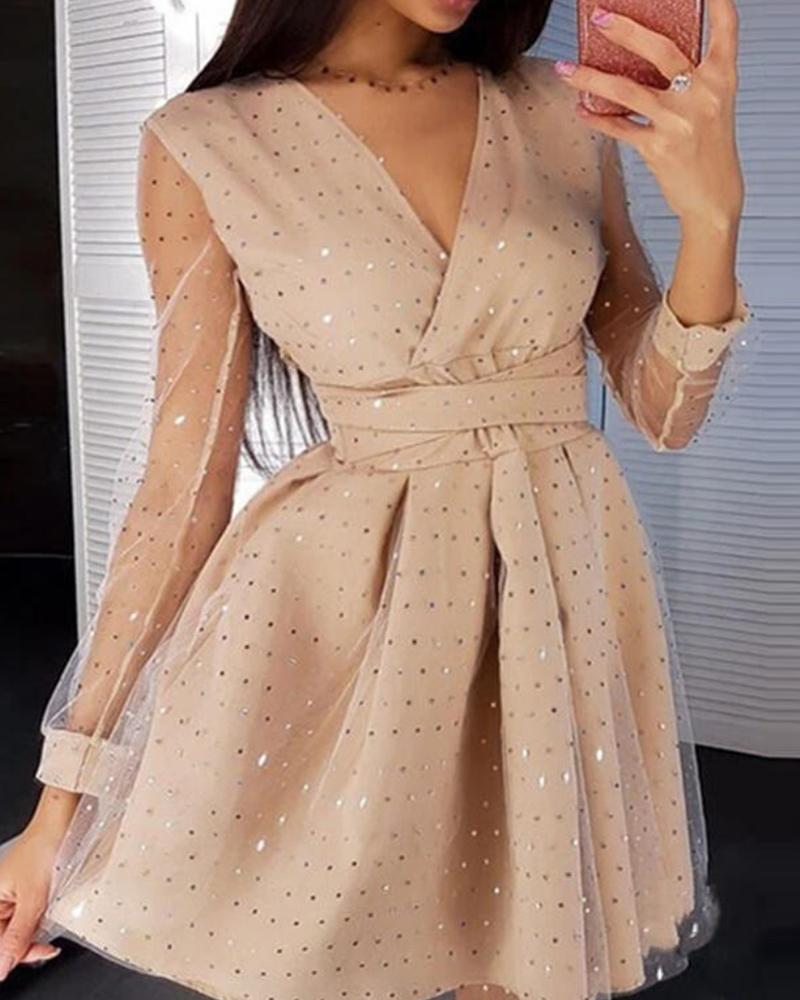 

Sheer Mesh Long Sleeve Ruched Sequin Dress, Apricot