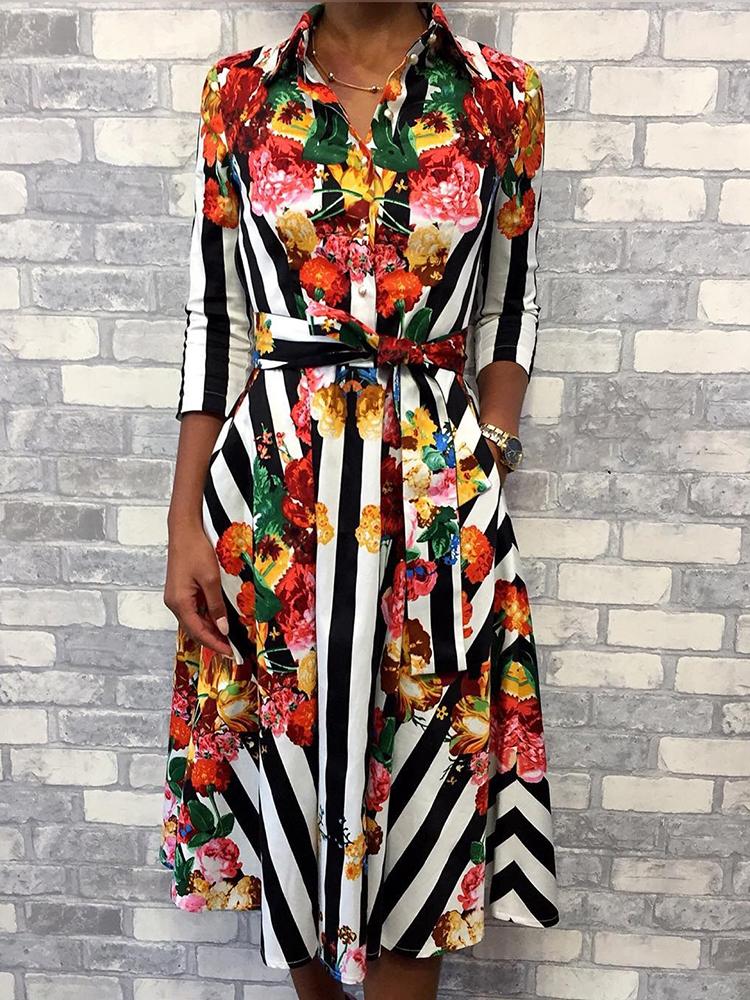 

Floral & Striped Print Half Sleeve Shirt Dress, Multicolor