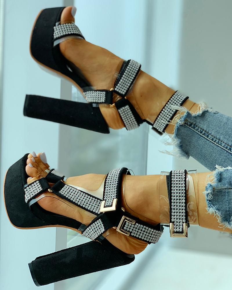 

Buckled Open Toe Studded Chunky Heeled Sandals, Black