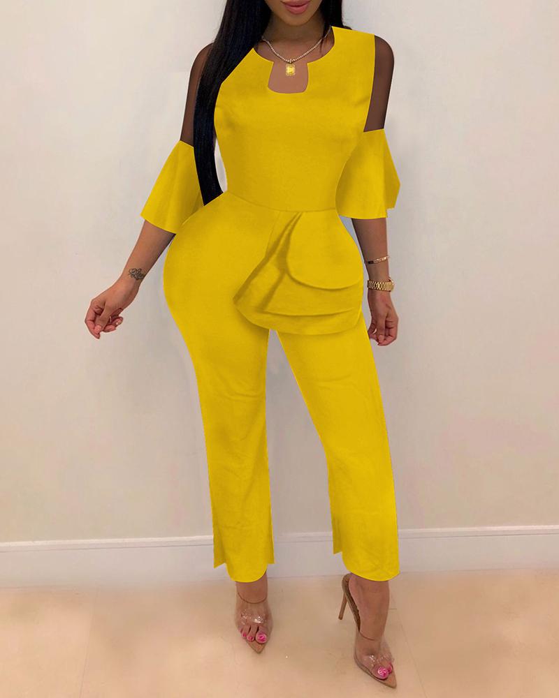 

Bell Cuff Sheer Mesh Insert Half Sleeve Ruffles Jumpsuit, Yellow