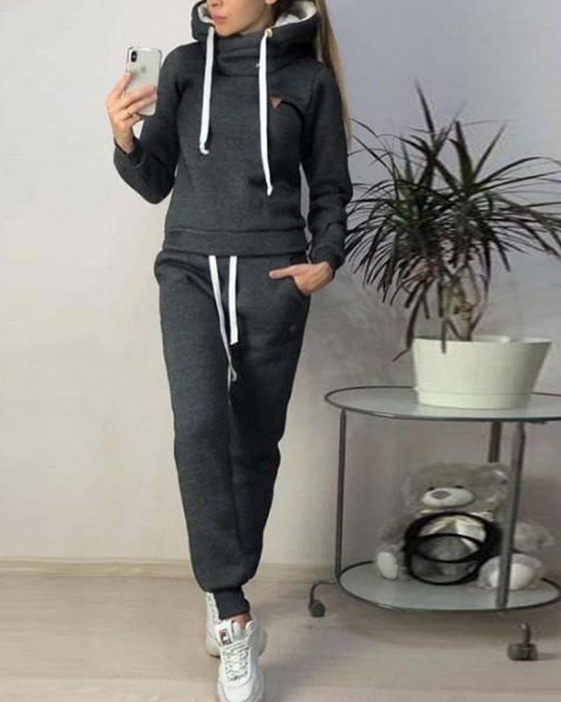 

Solid Hooded Faux Fleece Tracksuit, Black
