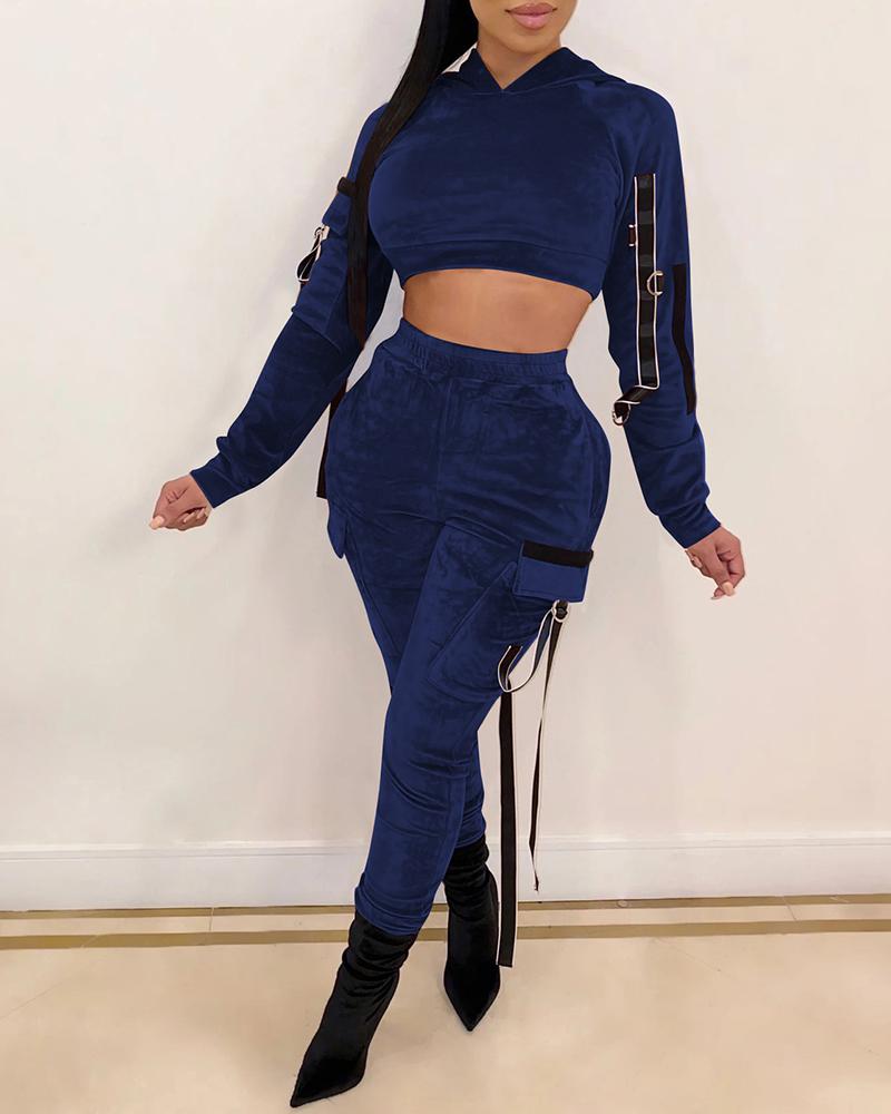

Suede Hooded Crop Top & Pocket Pant Sets, Dark blue