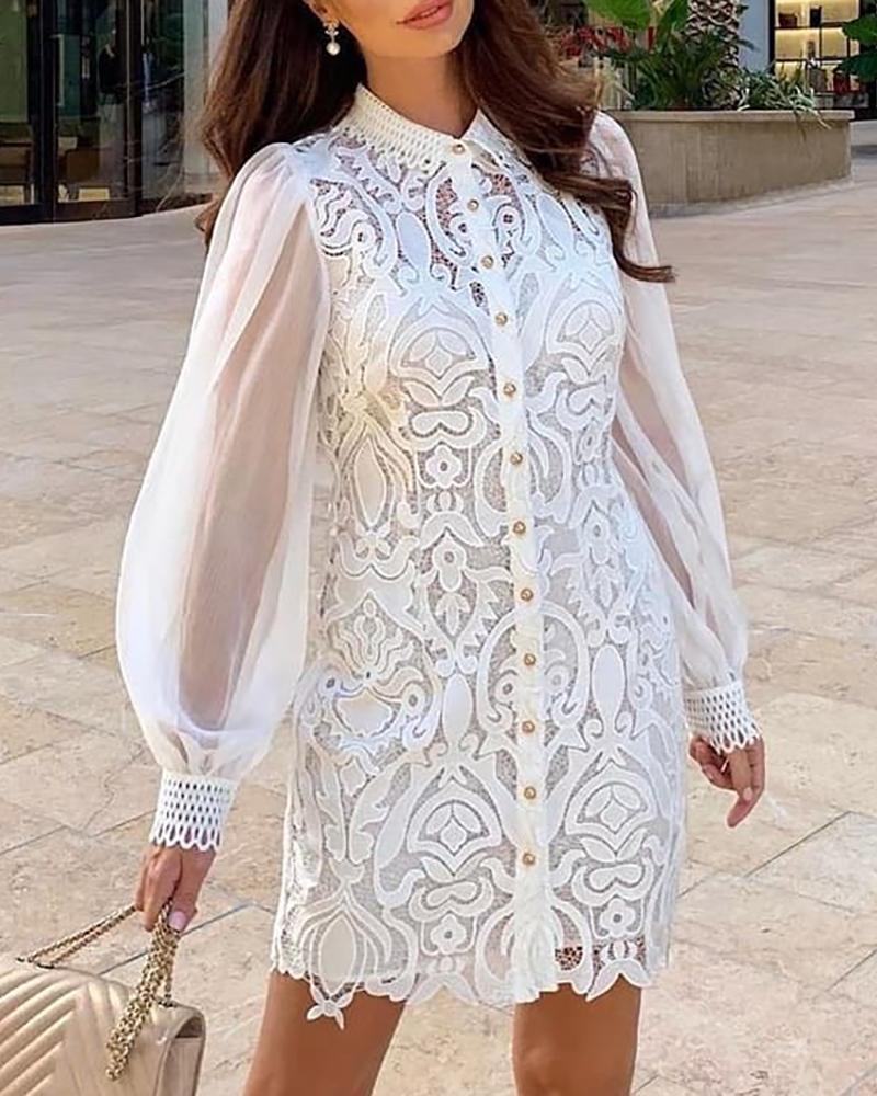 

Lace Embroidery Buttoned See Through Dress, White