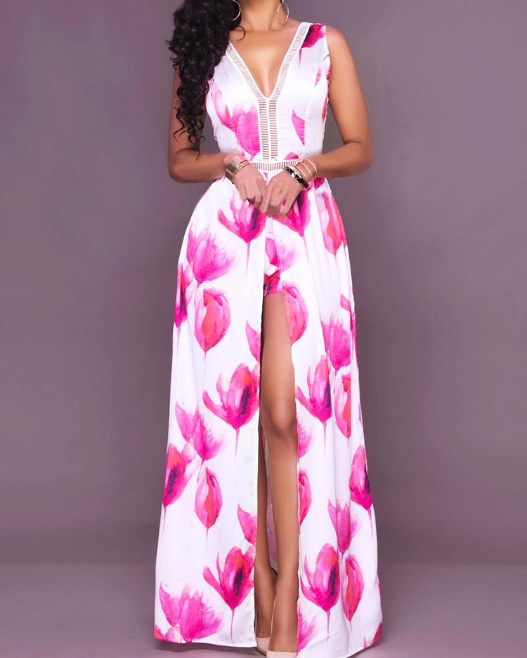 

Floral Printed Culotte Design Romper, Red