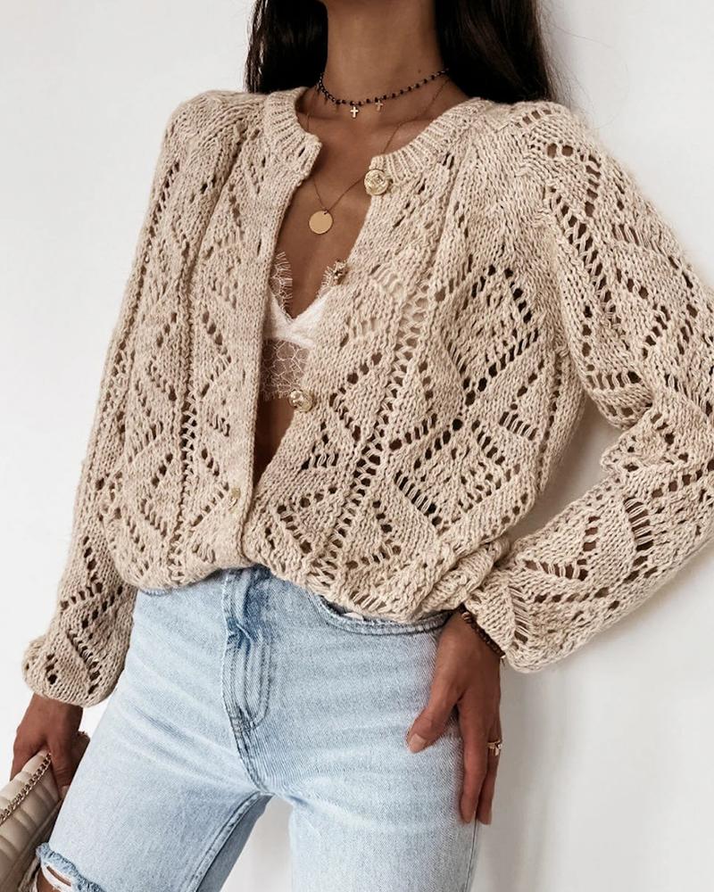 

Solid Hollow Long Sleeve Sweater, Khaki