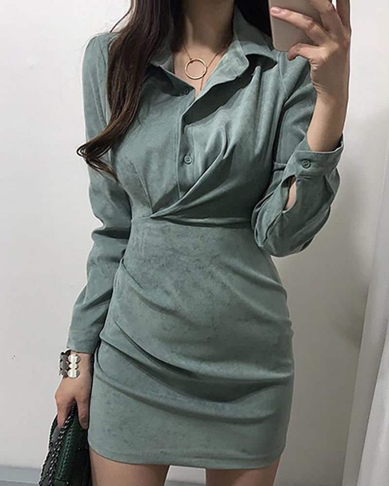 

Solid Turn-down Collar Long Sleeve Ruched Shirt Bodycon Dress, Green