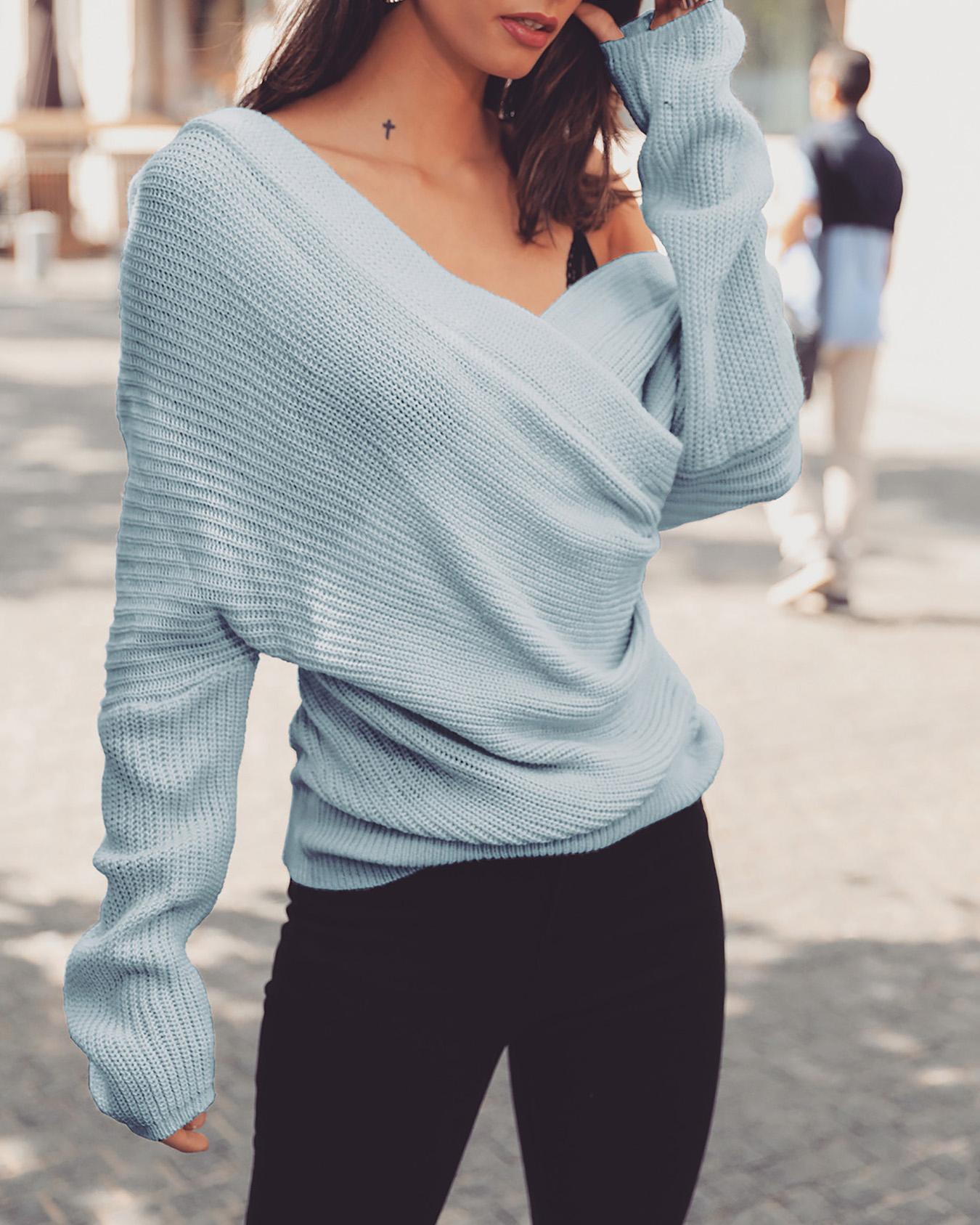 

Solid V-Neck Wrap Casual Sweater, Light blue