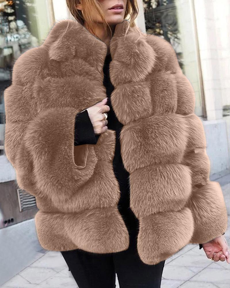 

Solid Fluffy Longline Casual Coat, Khaki