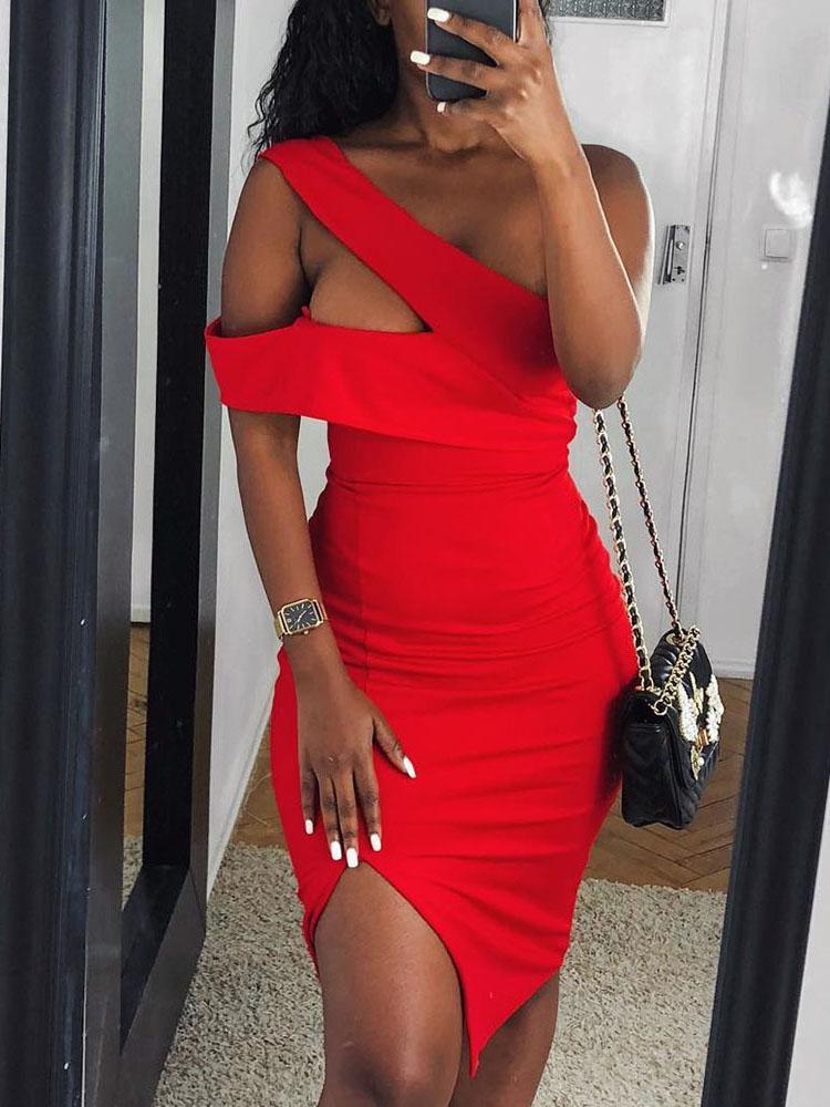

Solid One Shoulder Cutout Slit Bodycon Dress