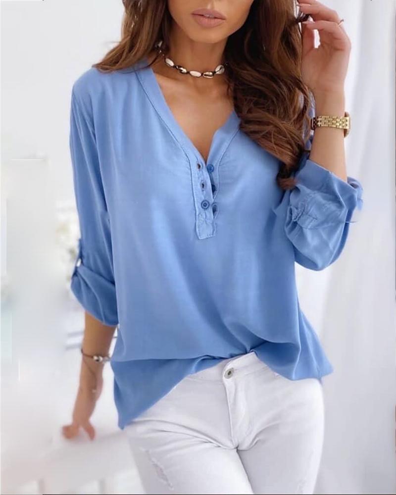 

V-neck Button Design Solid Casual Blouse, Blue