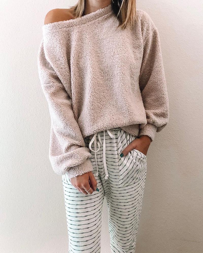 

Solid Long Sleeve Fleece Pullover, Beige