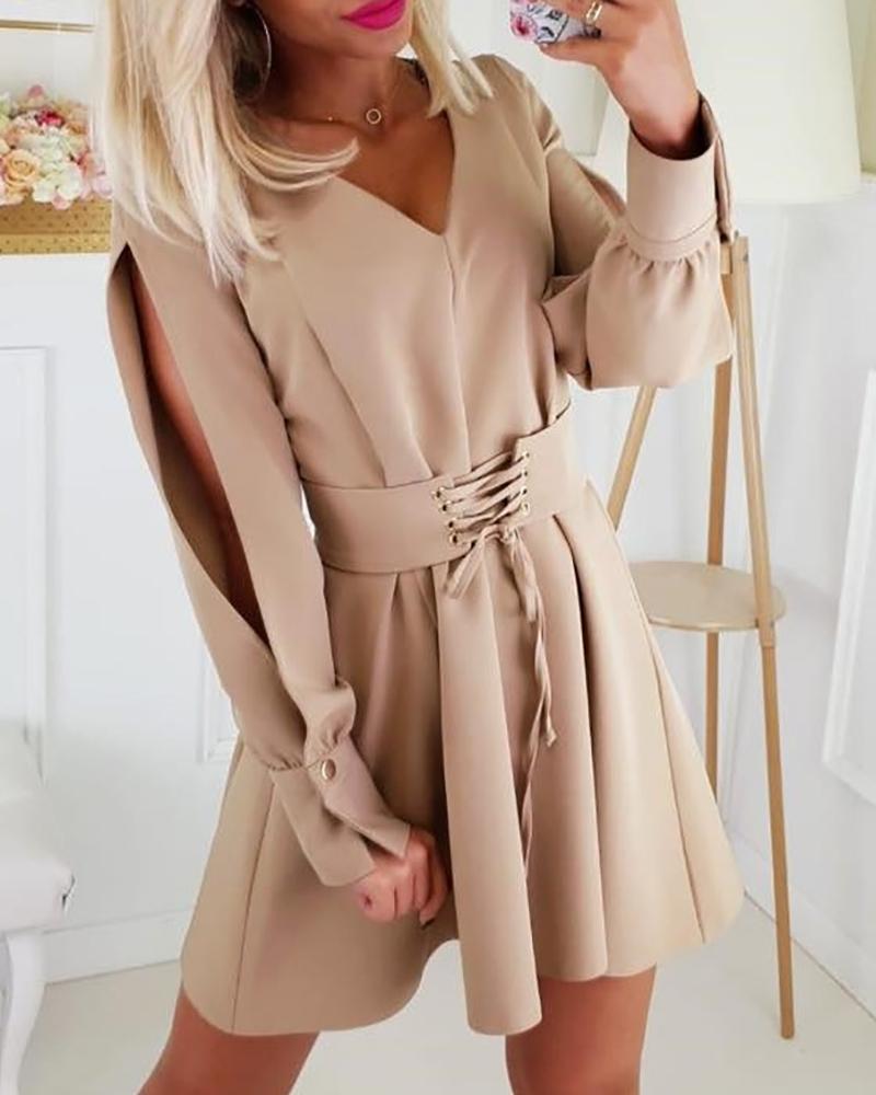 

Solid Eyelets Lace-Up Slit Sleeve Mini Dress, Khaki