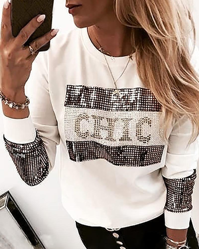 

Letter Print Sequins Long Sleeve Blouse, White