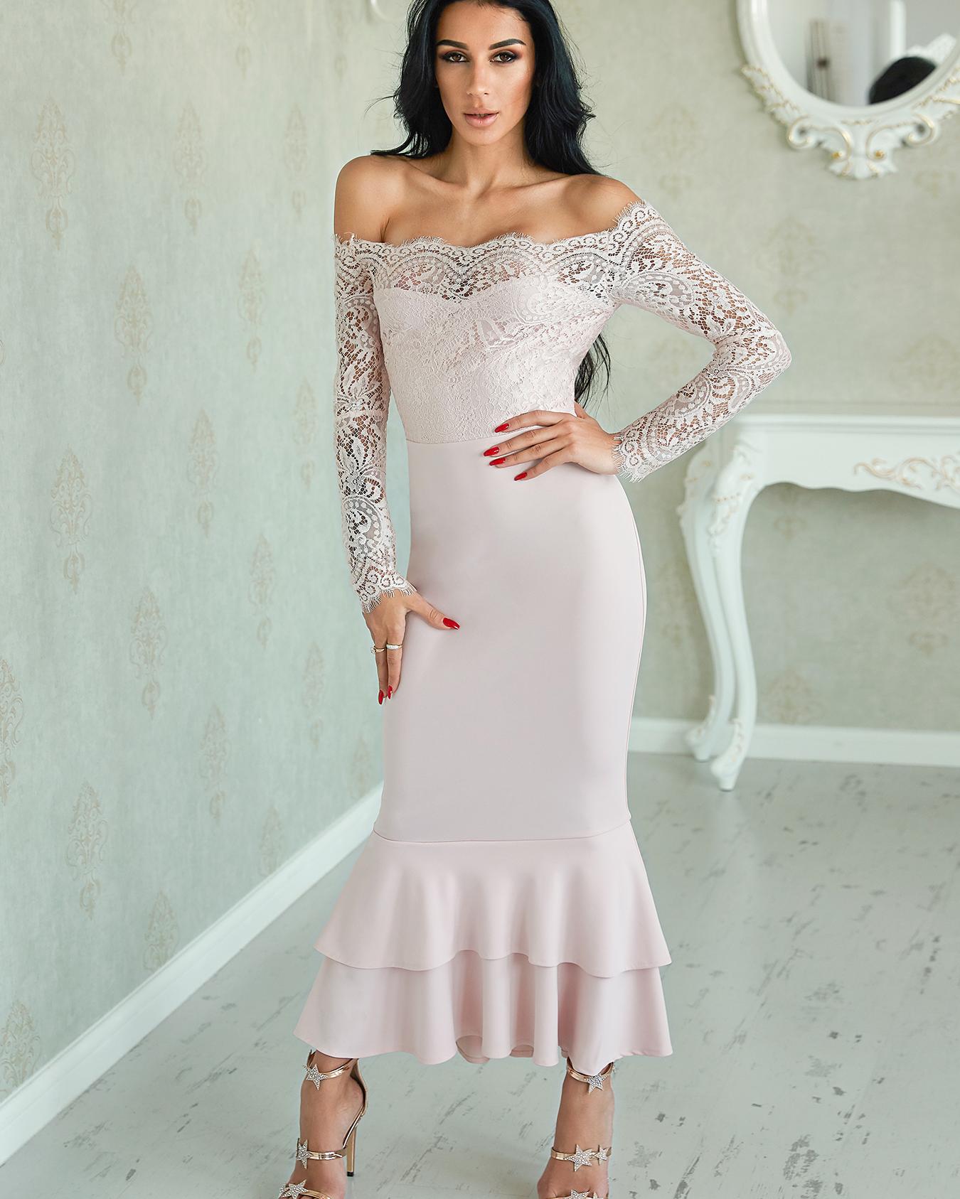 

Lace Bodice Off Shoulder Mermaid Dress, Pink
