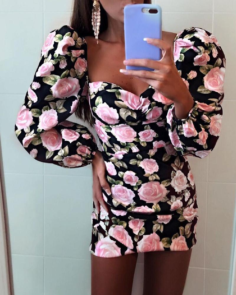 

Sweetheart Neck Puff Sleeve Floral Print Bodycon Dress, Pink