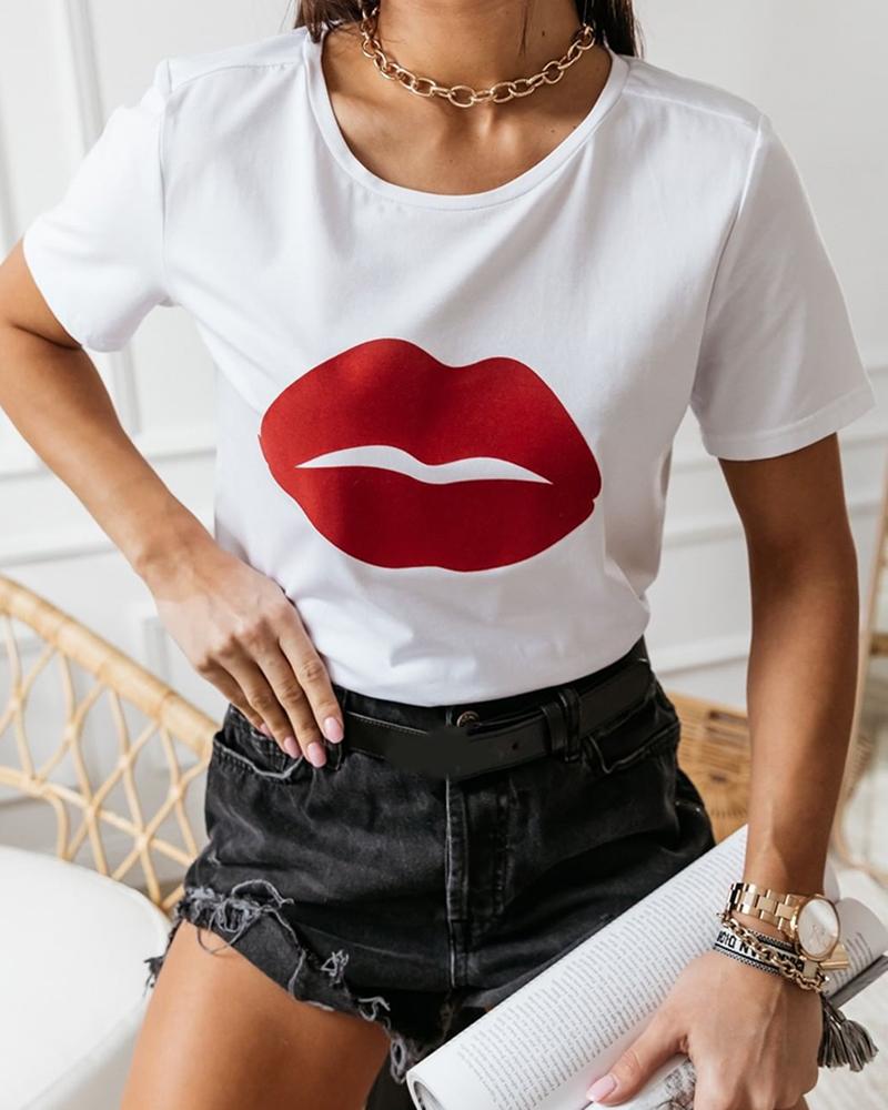 

Lip Print Short Sleeve Casual T-shirt, White