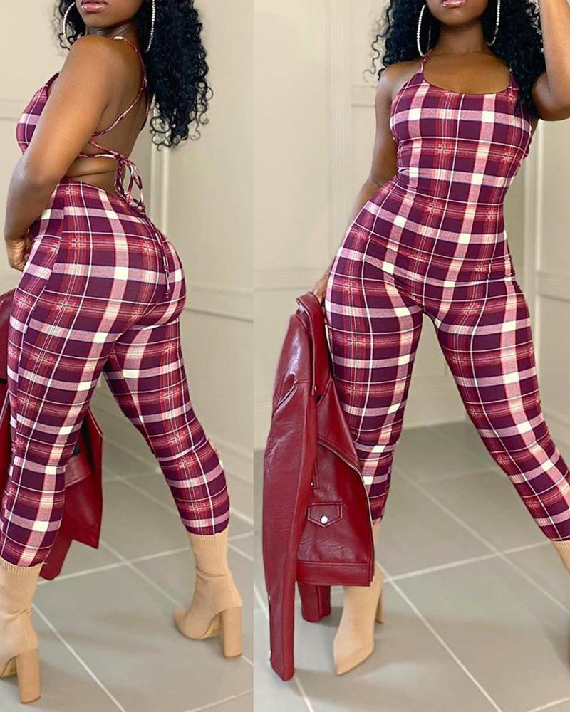 

Plaid Colorblock Crisscross Backless Jumpsuit, Purple