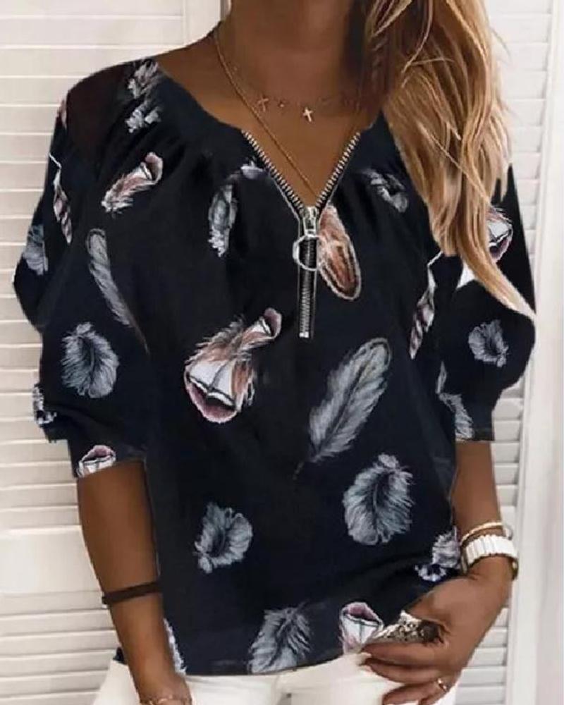 

Feather Print Long Sleeve Blouse, Black
