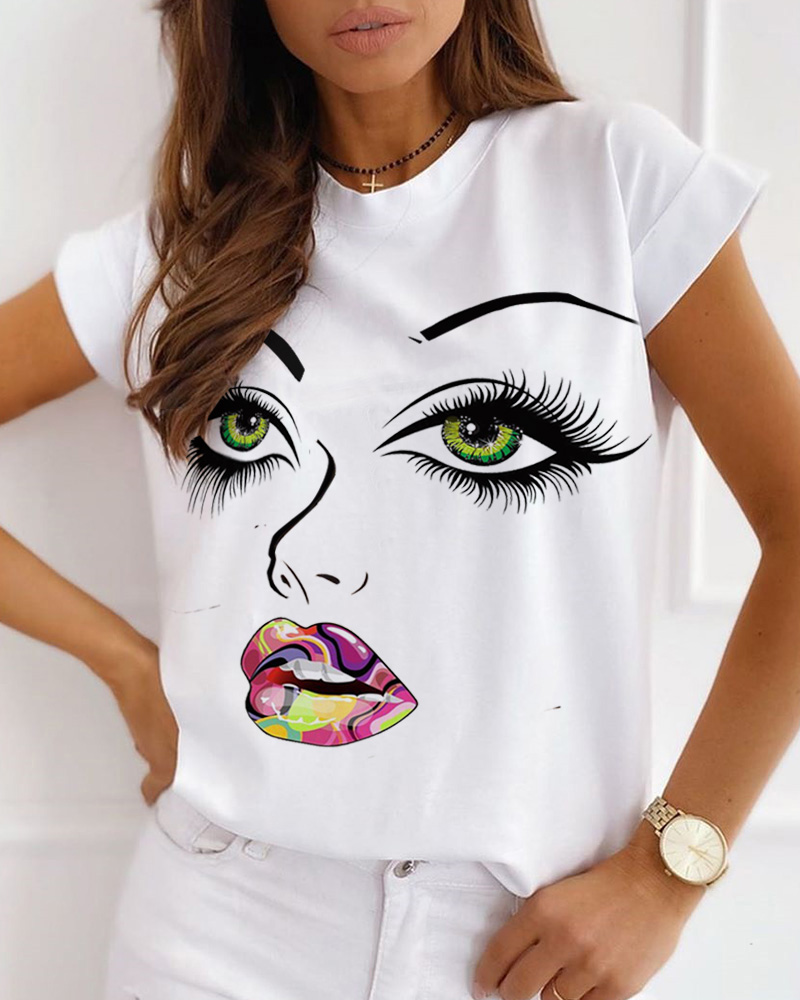 

Figure Print Short Sleeve Casual T-shirt, White