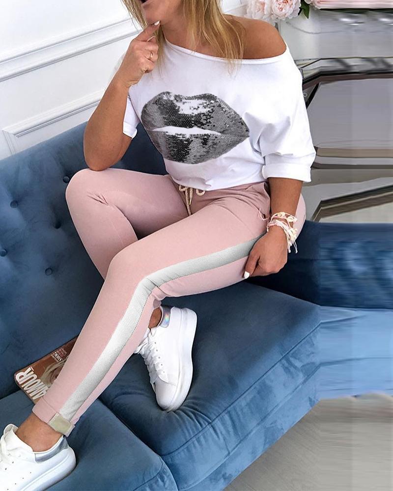 

Sequins Mouth Pattern Top & Pant Sets