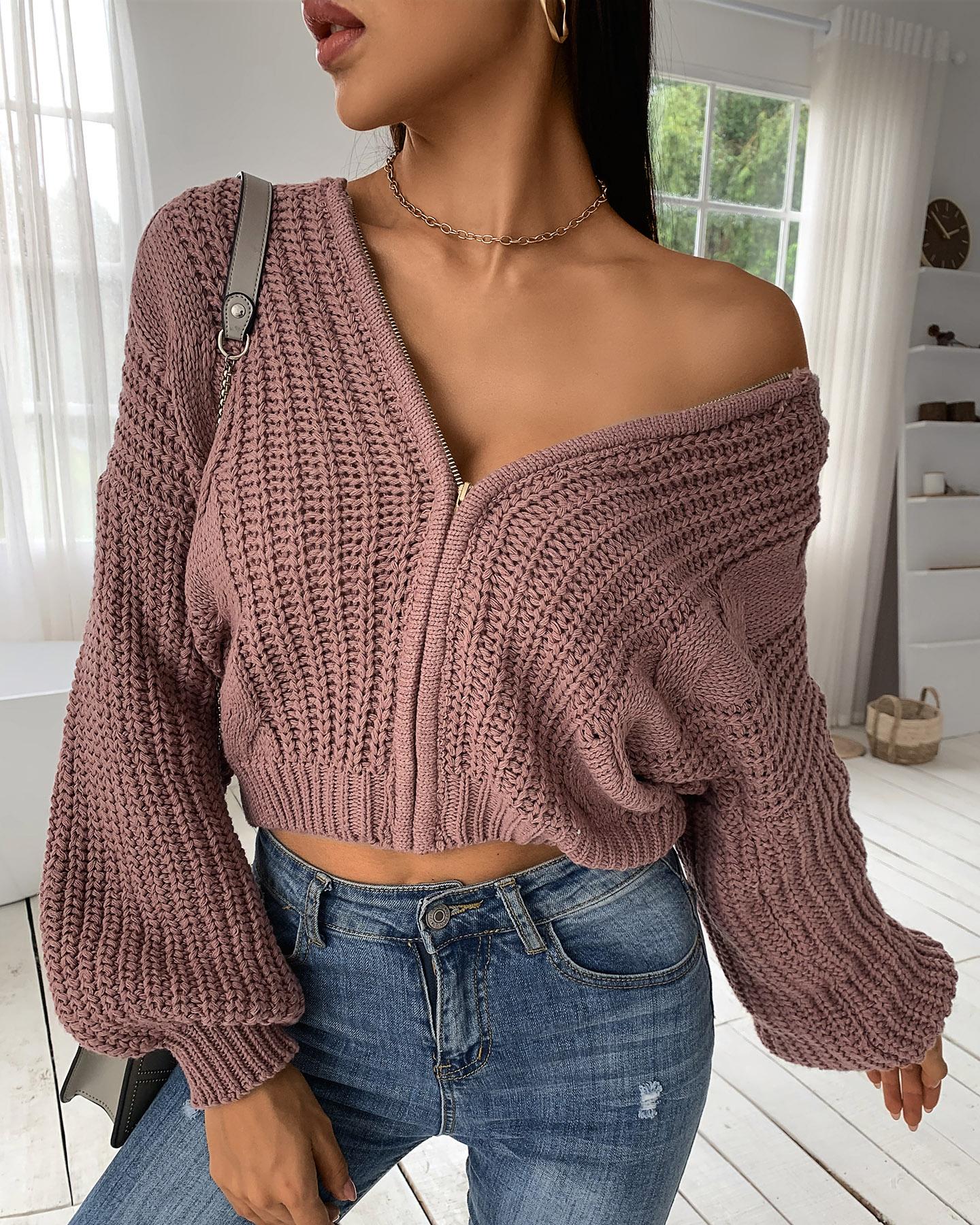 

Zipper Design Cable-knit Lantern Sleeve Hooded Top, Coffee