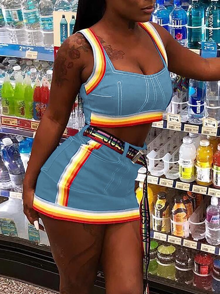 

Colorful Striped Tape Denim Cami Top & Skirt Set, Light blue