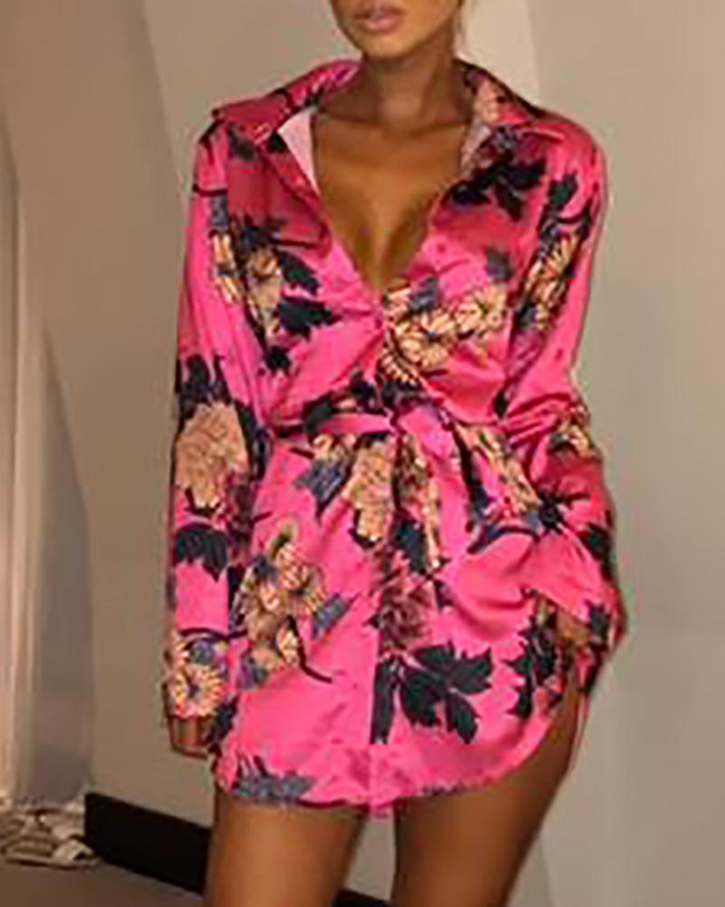 

Floral Print Tied Shirt Dress, Hot pink