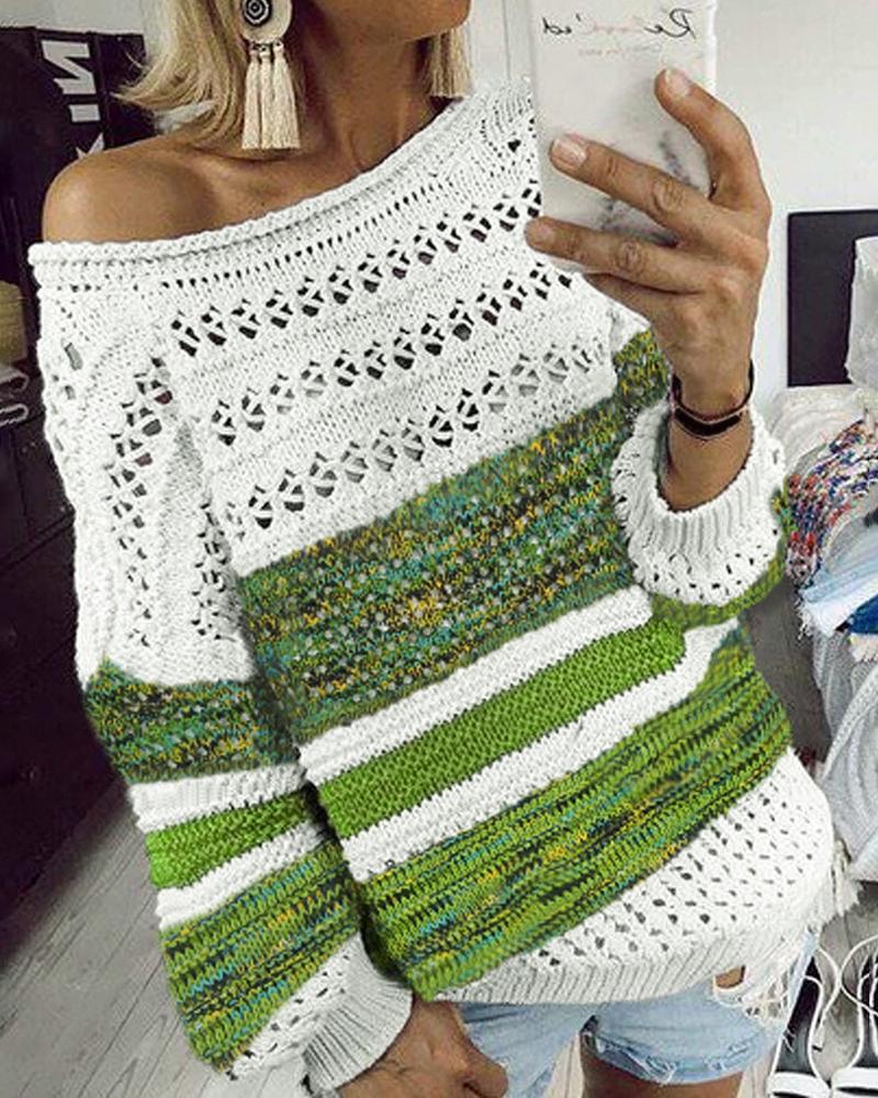 

Striped Colorblock Hollow Out Knit Sweater, Green