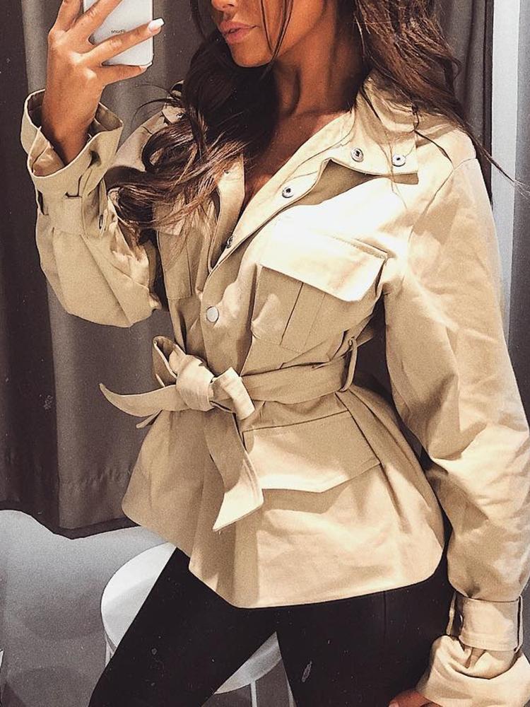 

Snap-Button Pocket Design Belted Coat