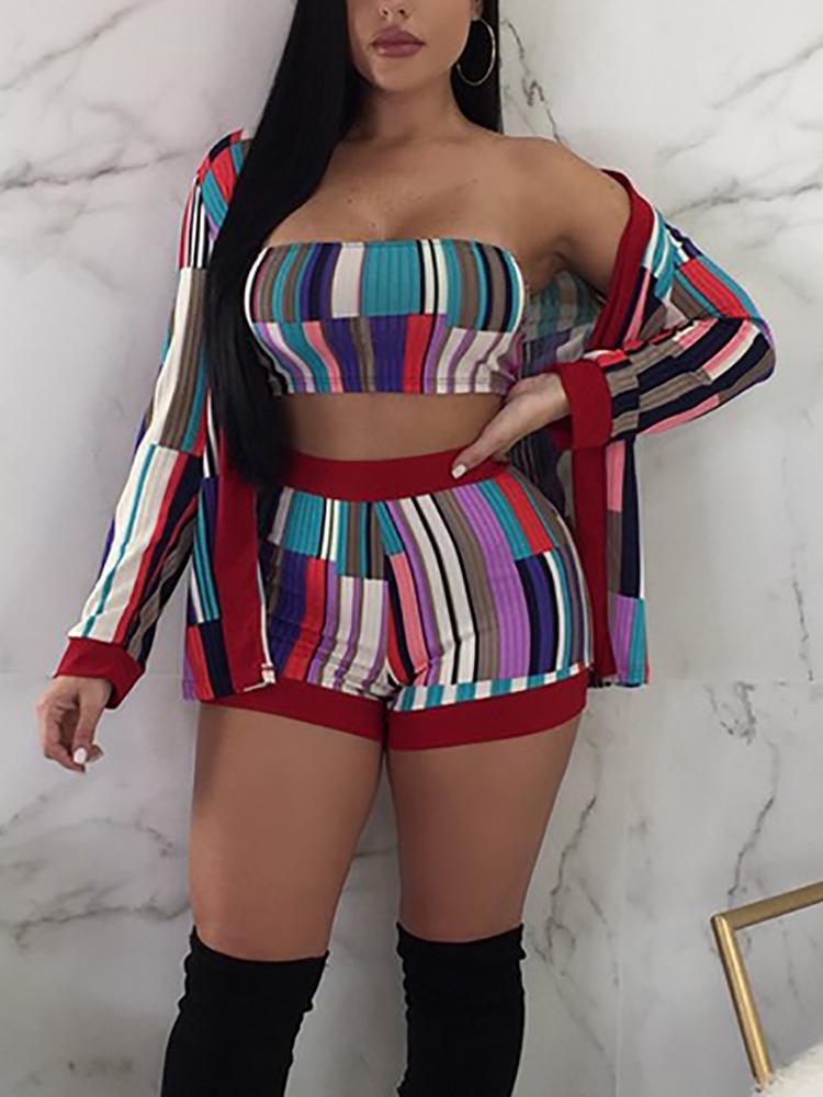 

Colorful Stripes Tube Top & Shorts & Cardigan Set