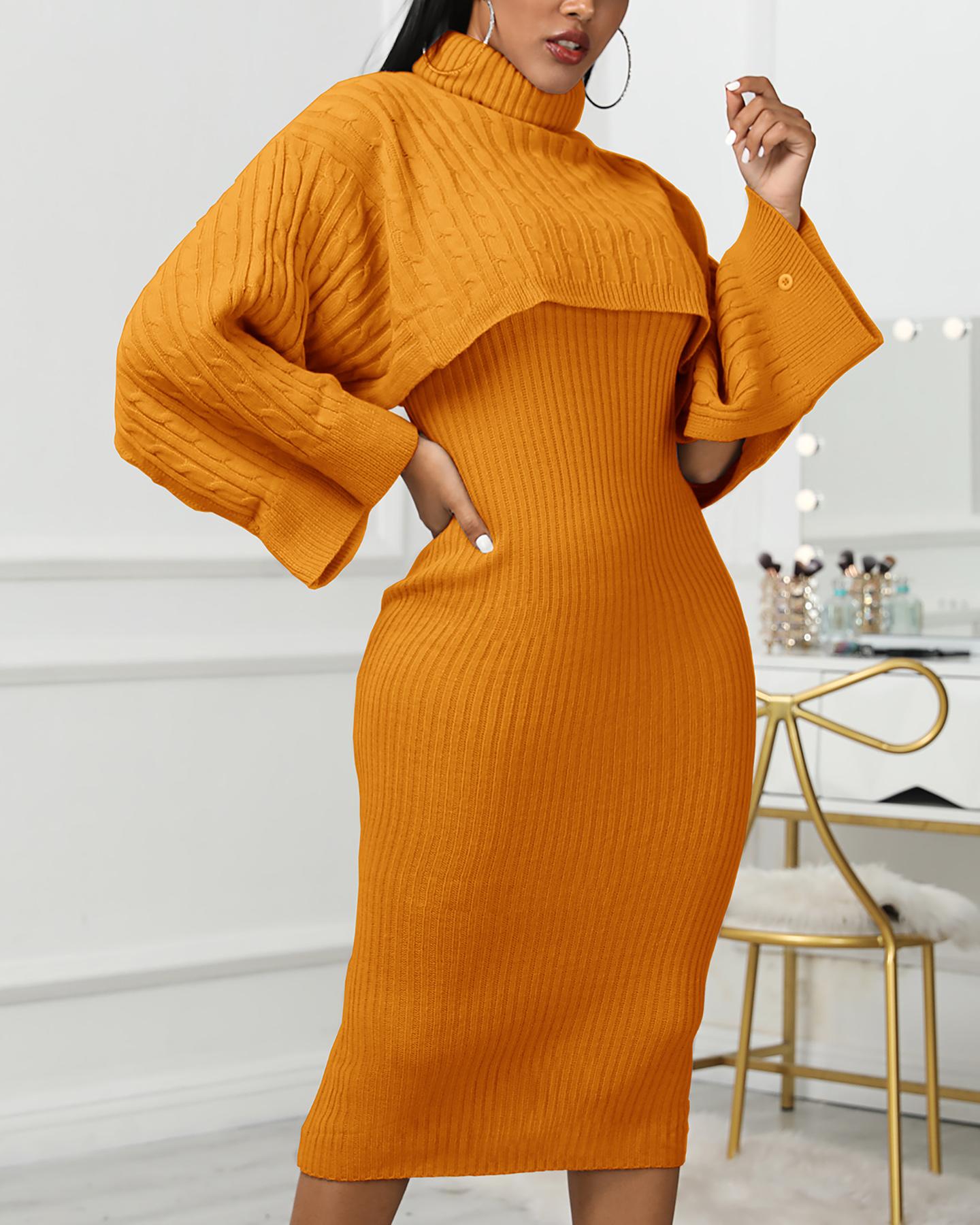 

Solid High Neck Ribbed Sweater & Thin Strap Dress Sets, Orange