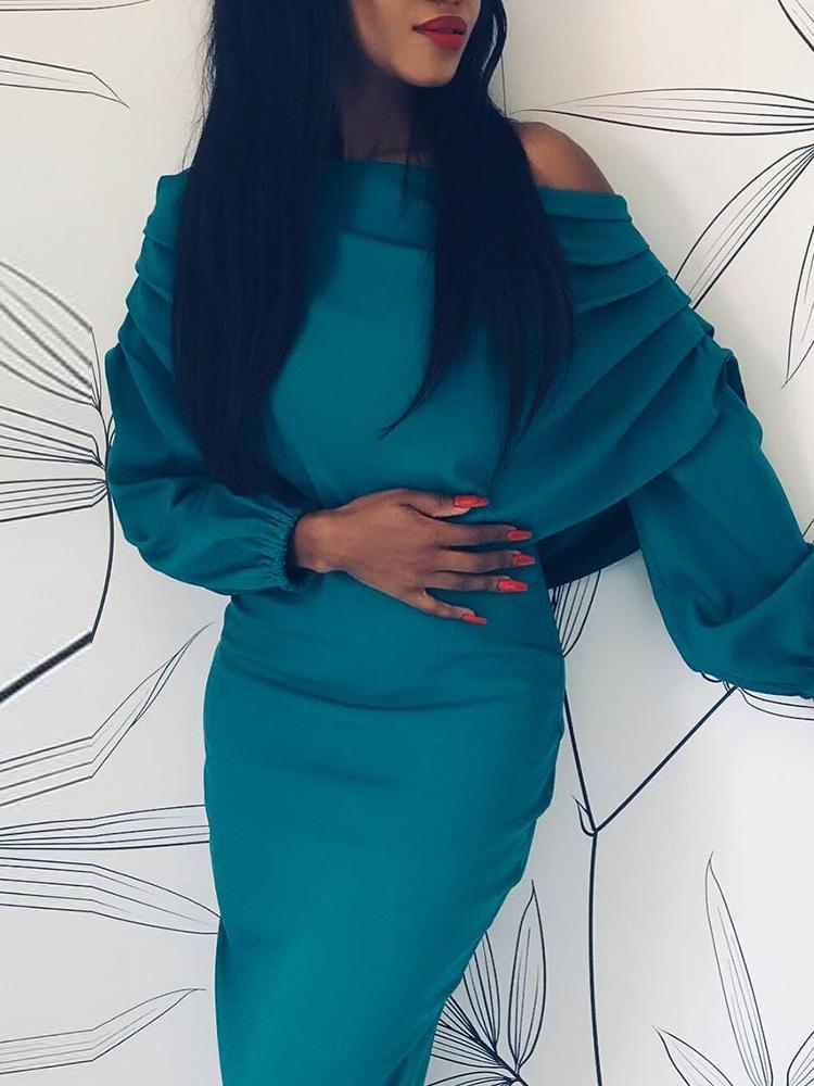 

Solid Ruched Design Fold-Over Slinky Dress