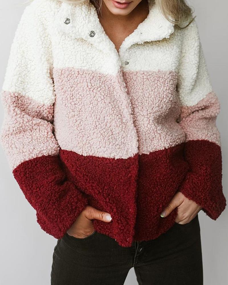 

Fleece Colorblock Buttoned Casual Coat, Multicolor