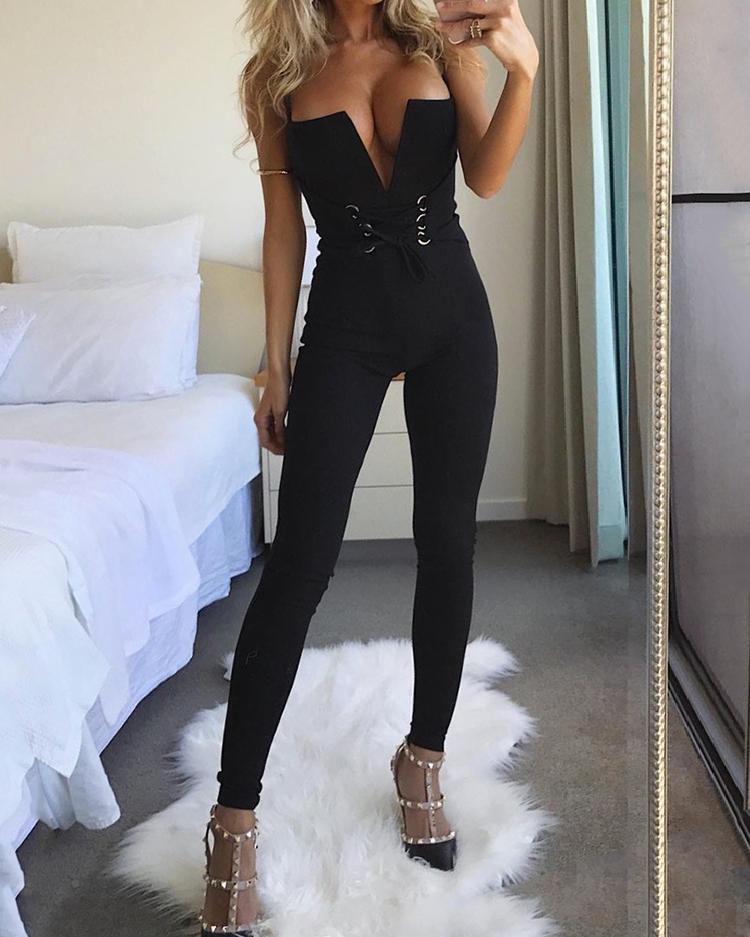 

Black Plunge Lace-Up Waist Petite Jumpsuit