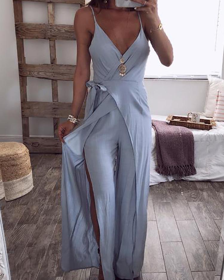 

Solid Plunge Tied Waist Slit Wrap Jumpsuit